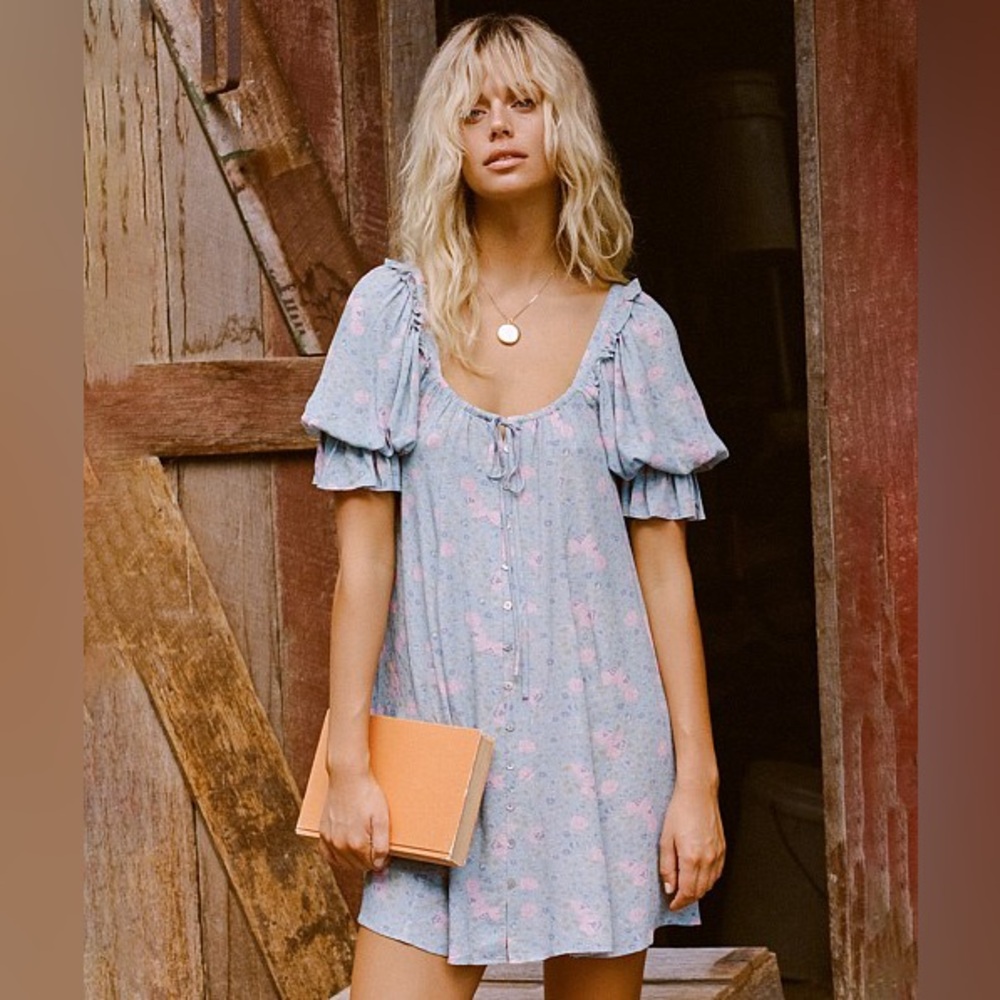 Spell Light Blue Floral Puff-Sleeve Midi Dress